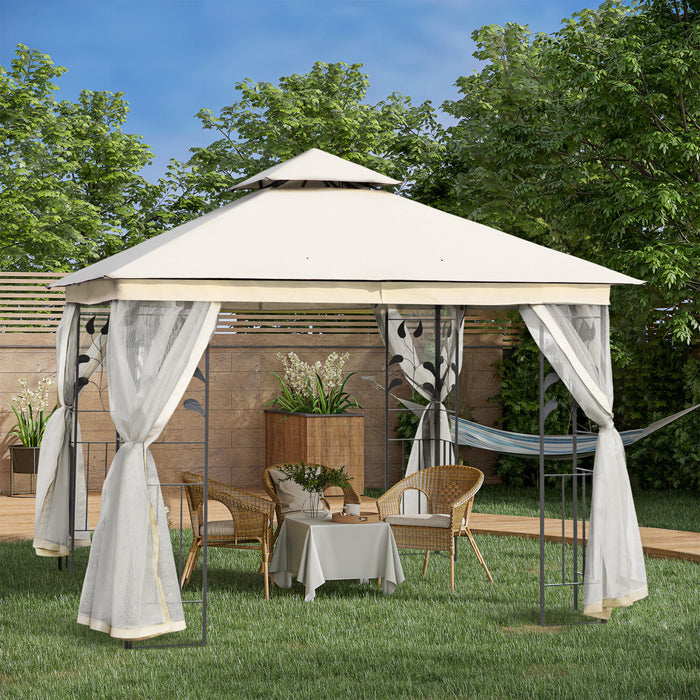 Outsunny 10' X 10' Tonnelle Pavillon Jardin Patio Terrasse Gazebo Auvent Abri D'exterieur Avec Double Toit Ventile, Moustiquaire Cadre En Acier Blanc