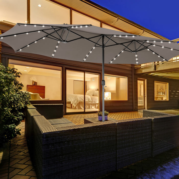 Parasol de marche Costway de 15 pieds double face, solaire LED, manivelle, 36 lumieres, base grise