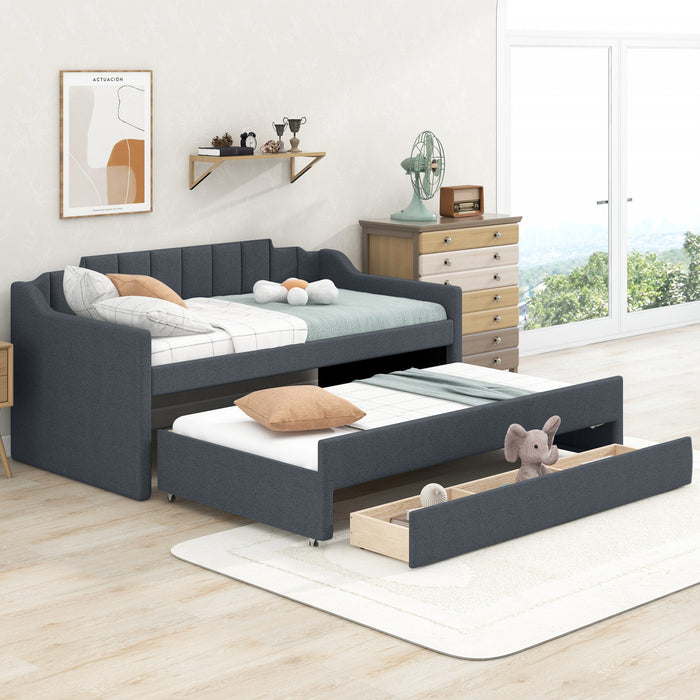 Hogan – Lit De Jour Rembourre En Tissu Aspect Lin Avec Lit Gigogne Et Tiroirs De Rangement, Format Simple, Gris