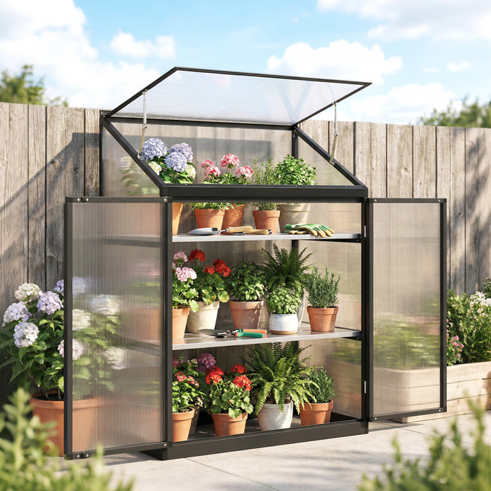 Outsunny Serre en polycarbonate avec ventilation et portes, noir