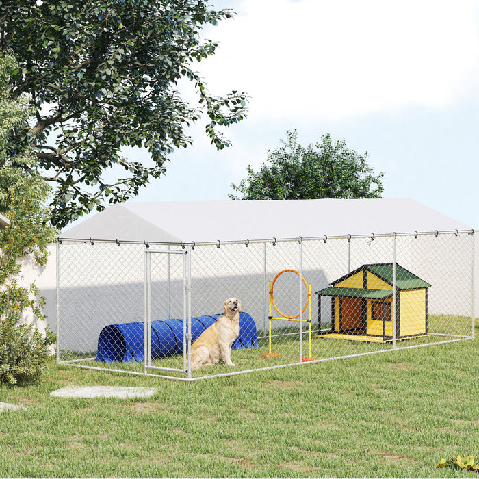 PawHut Chenil Exterieur pour Chien, Enclos Robuste avec Toit Impermeable, Structure en Acier Galvanise, Securise avec Verrou, pour Grandes Races, Poules, Canards, 6 m x 2,3 m x 2 m