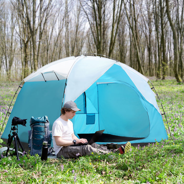 Outsunny Tente De Camping 4 Personnes Avec Portes Fenetres Tente De Randonnee Pour Famille Randonnee Voyage Chasse Pique-nique Bleu Et Gris