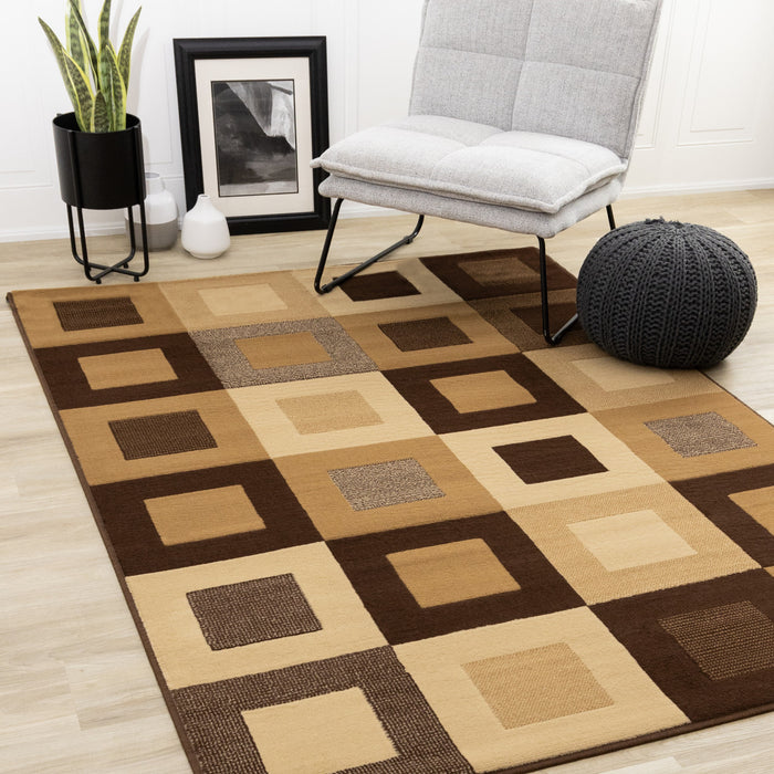 Tapis Florence a carreaux superposes marron et beige, 5'3\" x 7'5\"