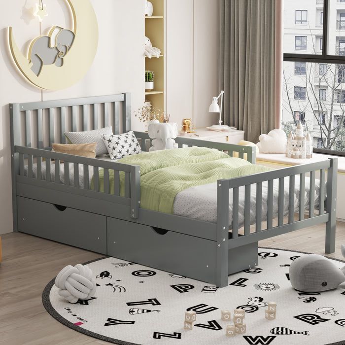 Emma – Lit Plateforme en Bois avec Barrieres de Protection et Tiroirs de Rangement, Format Simple - Gris