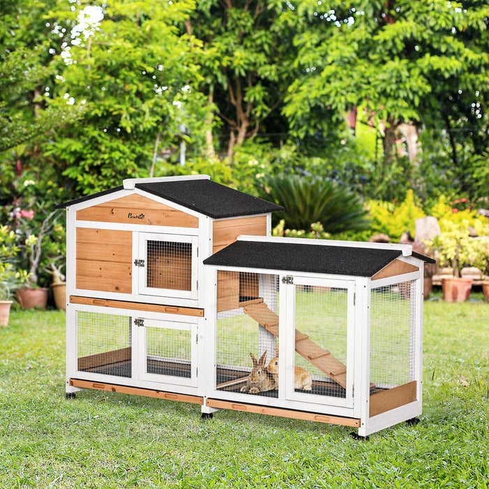 Pawhut 62\" Clapier A Lapin En Bois, Cage A Lapin Avec Roues, Boite De Course, Plateau, Rampe Pour Petits Animaux, Cochon D'inde, Utilisation Interieure Et Exterieure, Jaune