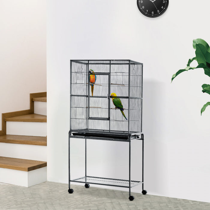 Cage A Oiseaux Portable Avec 4 Mangeoires Et 4 Perchoirs Pratique 81 X 48 X 163 Cm Noir Et Gris
