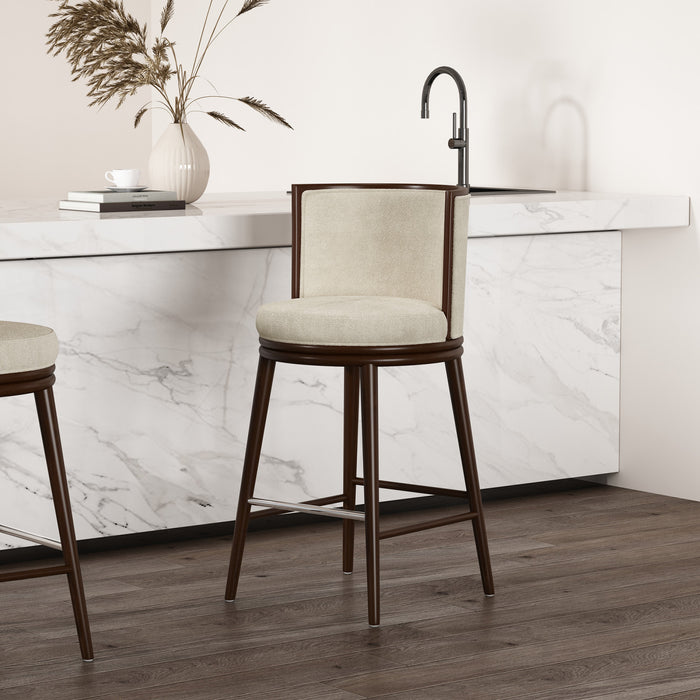 Tabouret de bar moderne en bois avec revetement en tissu creme Evalyn