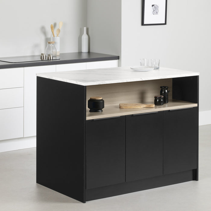 Olio Ilot De Cuisine Avec Rangement Ouvert - Noir Mat Et Faux Marbre Blanc