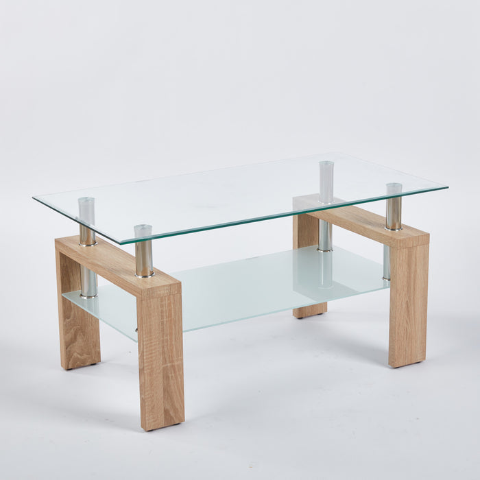 Table basse moderne Lucius au design geometrique en verre trempe avec cadre en metal et verre transparent, naturel