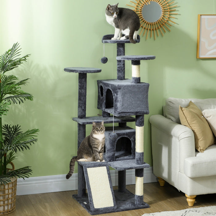 Pawhut Arbre A Chat De 54\" Tour A Chat Pour Chats D'interieur Avec Griffoirs, Condos Pour Chats, Lit, Plates-formes, Rampe, Balle Jouet, Centre D'activites Pour Chat, Gris Fonce
