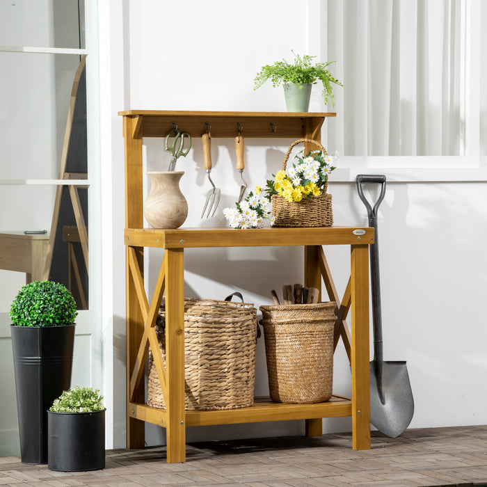 Outsunny Banc De Jardinage A 2 Niveaux Avec Etagere De Rangement Et Crochets Superieurs