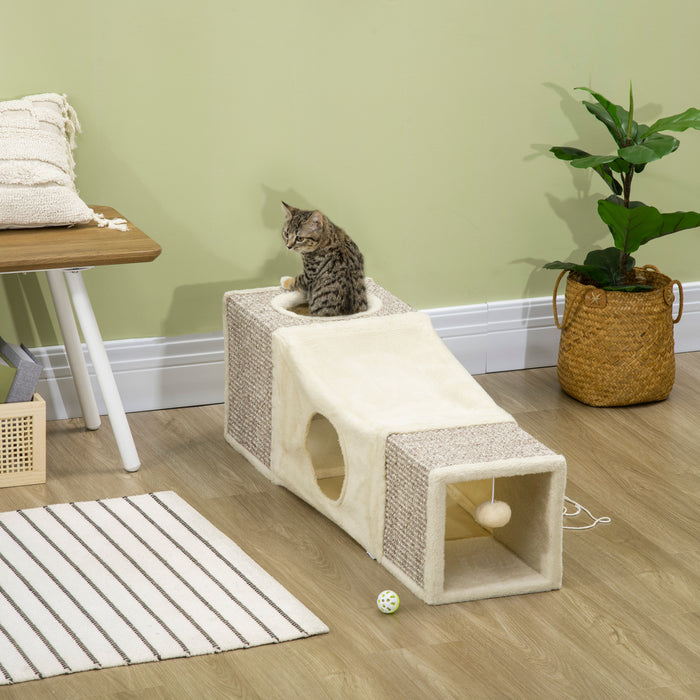 Tunnel Pour Chat Pawhut De 99 Cm De Long Avec Balle Suspendue, Enclos Exterieur Pour Chat En Peluche Catio Avec Deux Niches, Blanc Creme