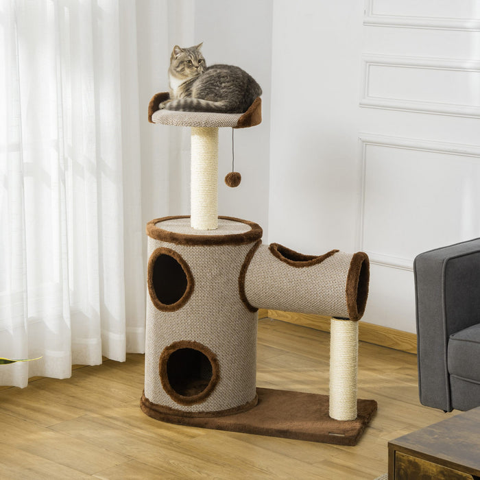 Pawhut Arbre A Chat D'interieur, Centre D'activites D'escalade, Meubles Pour Chaton Avec Maison Pour Chat, Lit, Griffoir, Jouet Suspendu, Marron
