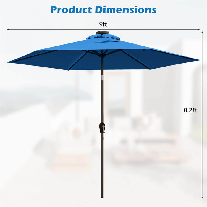 Costway Parasol solaire de patio 9FT avec LED, acier, inclinaison avec manivelle, bleu