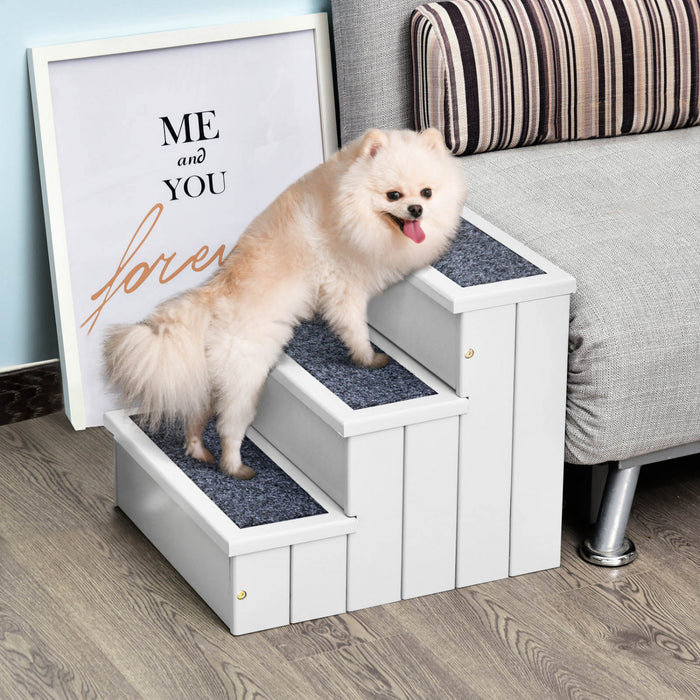 Pawhut Rampe D'escalier Antiderapante En Moquette En Bois A 3 Marches Pour Chats Et Petits Chiens - Blanc
