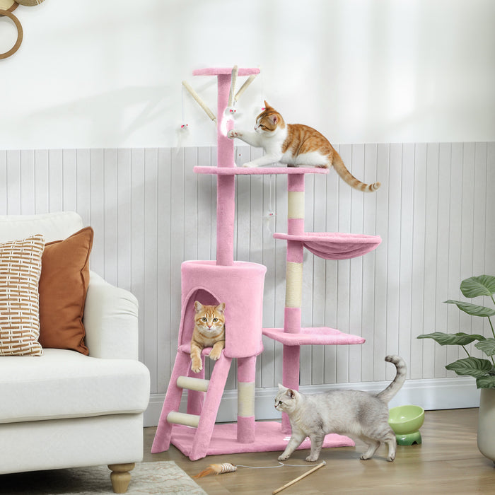 Arbre a chat PawHut, tour de 135 cm pour chatons d'interieur avec poteaux a griffer en sisal, perchoirs moelleux, niche, hamac, echelle, jouets suspendus, centre d'activites multiniveaux pour chatons, rose