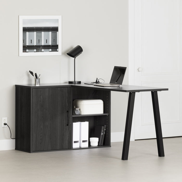 Bureau d’ordinateur en forme de L Zolten avec multiprise - chêne gris