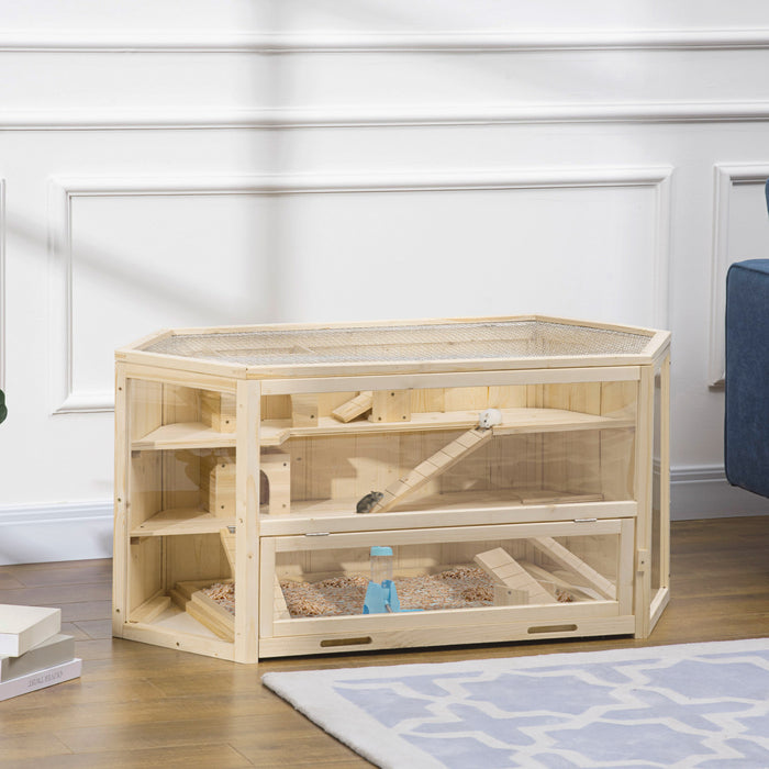 Pawhut Grande Cage En Bois Pour Hamster, Souris, Rats, Petit Animal, Exercice, Maison De Jeu A 3 Niveaux Avec Centre D'activites Toboggan