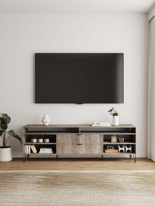 Meuble TV moderne Dumbo 85\" a cannelures, finition brun dore