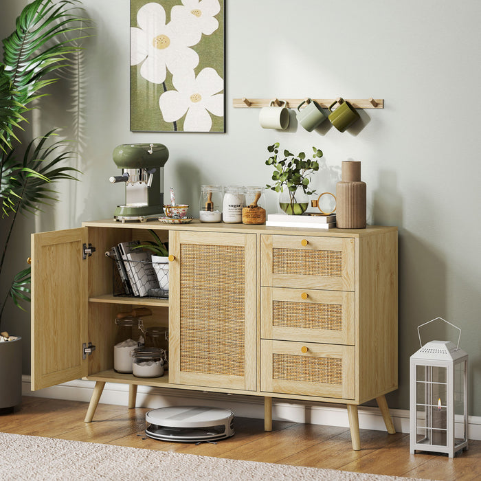 HOMCOM Buffet en rotin 47\" avec portes a fermeture amortie, naturel