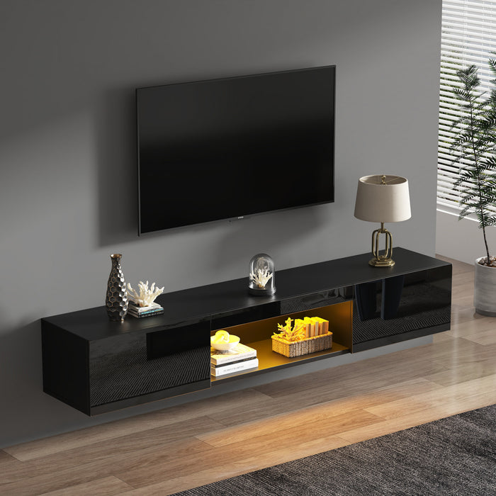Evan meuble TV mural flottant – meuble avec eclairage LED et portes de rangement, noir