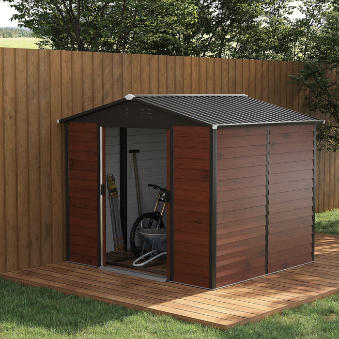 Outsunny Abri De Rangement Exterieur 8'x7' En Acier Galvanise Avec Double Porte Coulissante Verrouillable, Cadre De Sol, Aerations, Abri De Jardin Etanche Pour Jardin, Pelouse, Patio, Teck