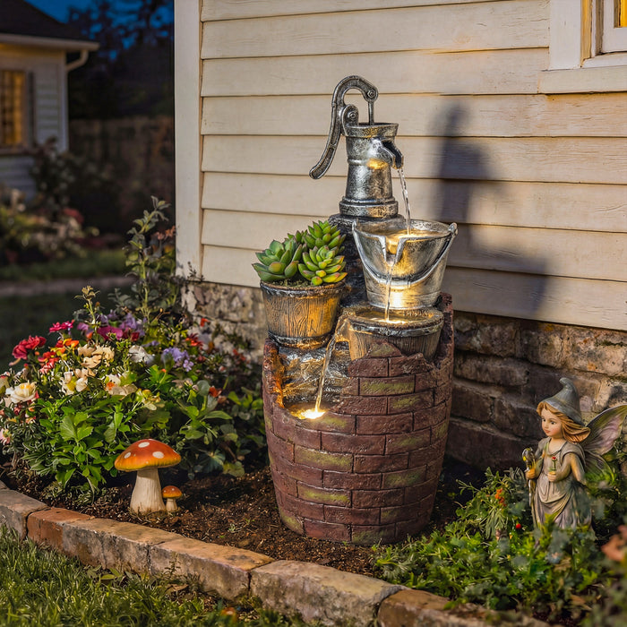Fontaine exterieure Outsunny a 4 niveaux, fontaine de jardin avec lumieres LED