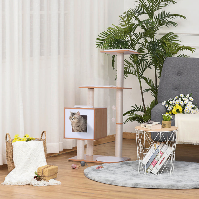 Pawhut Arbre A Chats Design Contemporain Griffoirs Grattoirs Sisal Naturel Centre D\u0092activites Niche Plate-formes Jeu Boules Suspendues 66l X 47l X 120h Cm Mdf Hetre Clair