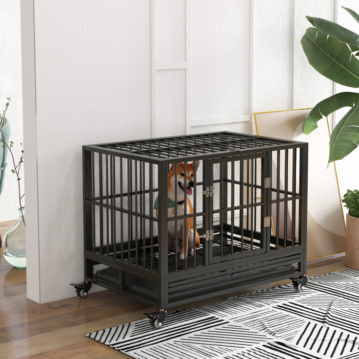 Cage Pour Chien Pawhut En Acier Robuste, Cage Pour Animal De Compagnie Avec Roulettes Pour Une Portabilite Optimale Et Une Porte Pour Un Acces Facile, Sol Anti-pincement, 91 Cm (l) X 62 Cm (l) X 78 Cm (h), Gris