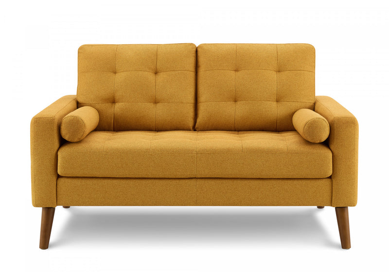Causeuse Rembourre, 58\" L, Salon, Tissu Orange, Pieds En Bois De Noyer, Mid Century