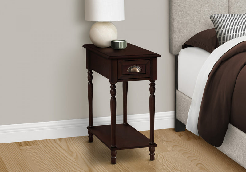 Table de bout, d’appoint et de nuit étroite de style traditionnel à 2 niveaux, avec tiroir de rangement et placages bruns pour la chambre à coucher