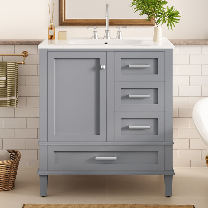 Oliver Meuble-lavabo de salle de bain en bois massif avec lavabo integre et rangement intelligent, gris