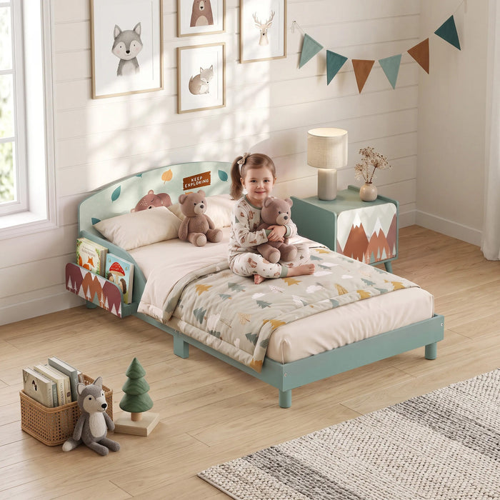 Qaba Lit enfant avec rangement lateral et barrieres, 3-8 ans, motif ours vert
