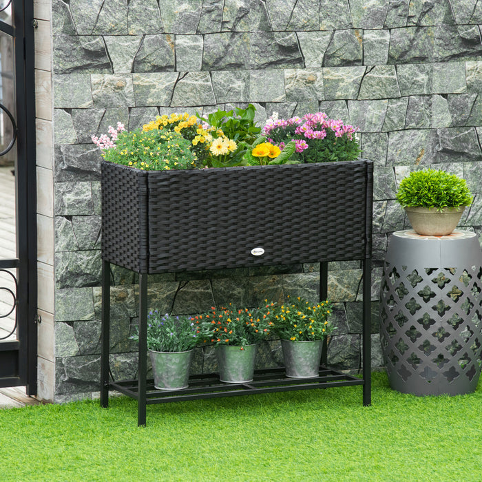 Outsunny Support De Fleurs Sureleve En Rotin Avec Etagere De Rangement Noir