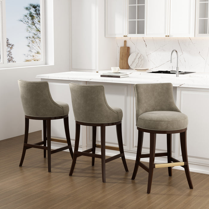 Tabouret de bar moderne Lucia en bois et chenille taupe, lot de 3