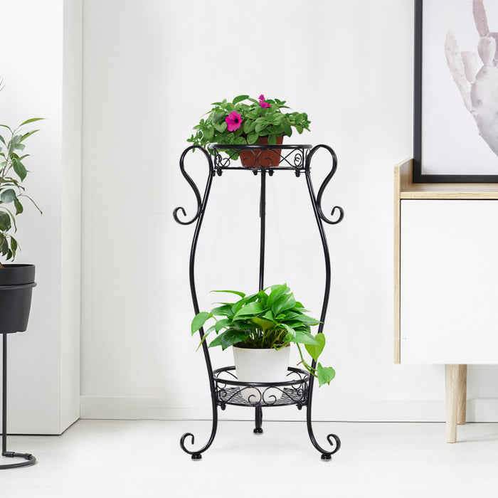 Support De Pot De Fleur A 2 Etageres Outsunny Presentoir De Plantes Autoportant A 2 Niveaux Interieur Exterieur Metal Facile A Nettoyer Porche, Patio, Cour Ou Salons