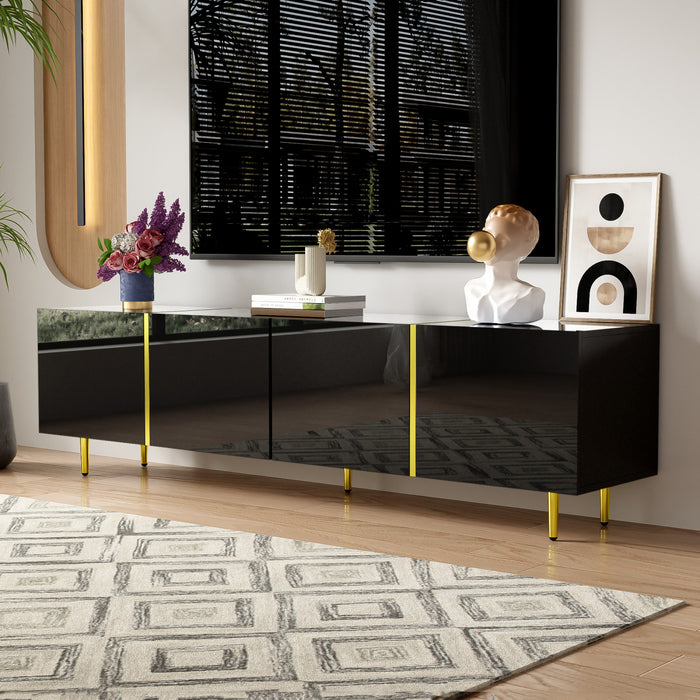 Meuble Tv Moderne Frances Avec 4 Portes, Noir Laque Brillant