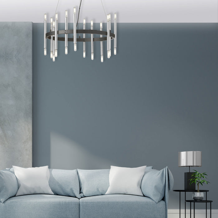 Lustre Derry de Dainolite avec fini noir mat et chromé poli et 24 ampoules