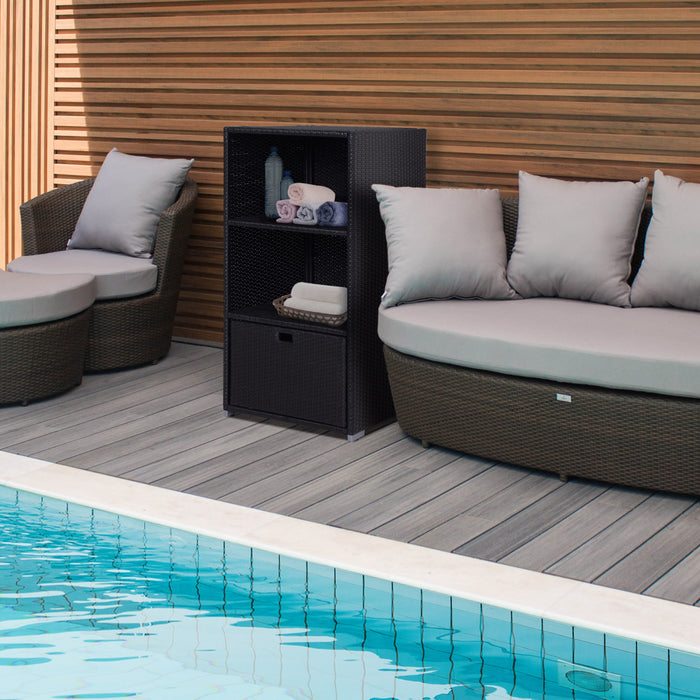 Outsunny Serviette De Piscine En Rotin En Osier Organisateur De Valet Etagere De Rangement Pour Salle De Bain Au Bord De La Piscine Avec 2 Etageres 1 Tiroir Exterieure Cadre En Aluminium Cafe Fonce