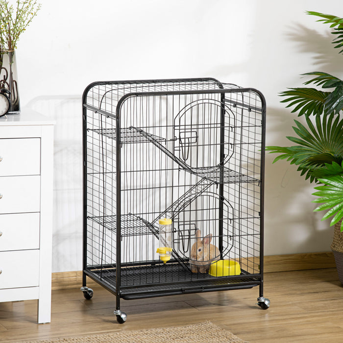 Pawhut Cage Pour Petits Animaux 37\" Lapin Furet Chinchilla Avec 2 Portes Plateforme Rampe Metal Noir