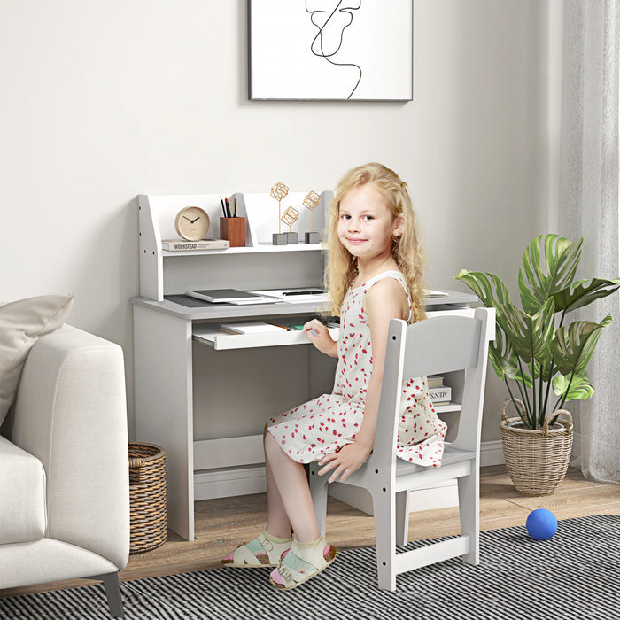 Qaba Ensemble Bureau Et Chaise Pour Enfants De 5 A 8 Ans Avec Rangement, Table D'etude Et Chaise Pour Enfants, Gris