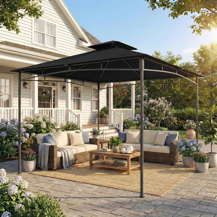 Outsunny Tonnelle 3 x 3 m, Tonnelle de Jardin a Toit Souple avec Double Toit, Noir