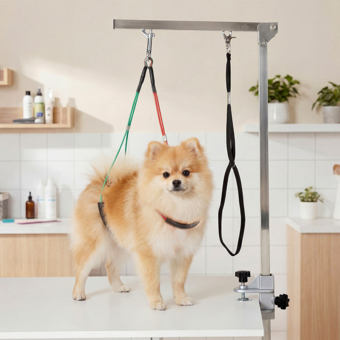 Bras de toilettage pour chien pliable avec pince et 3 boucles, argente