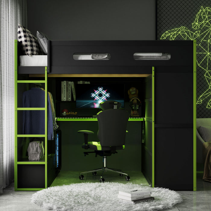 Jerry Lit mezzanine en bois avec bureau et rangement, Taille Double, Vert