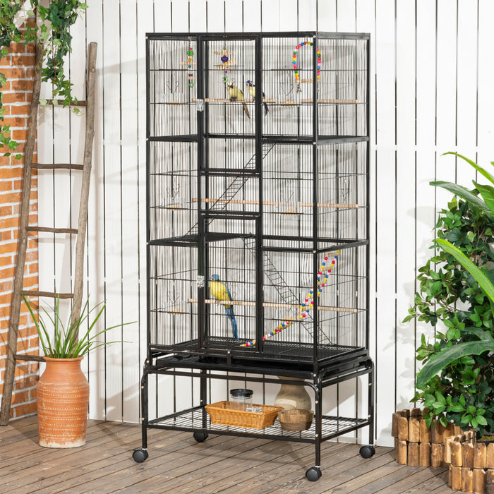 Cage A Oiseaux 71\" Avec Roues, Perchoirs, Rampe, Etagere