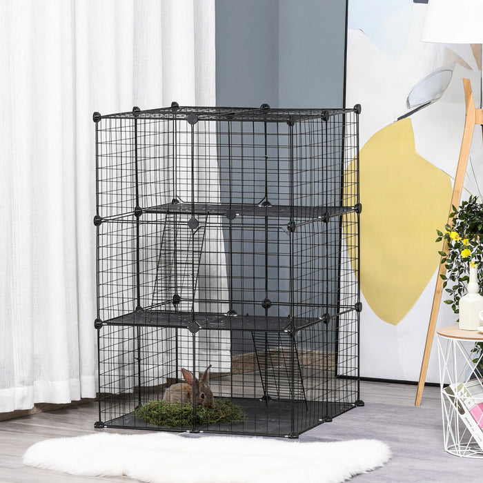 Pawhut Parc Pour Animaux Domestiques Enclos Modulaire 3 Niveaux Pour Lapins Chinchillas Avec Connexion Tapis Antiderapant 2 Rampes 39 Panneaux Metalliques Noir