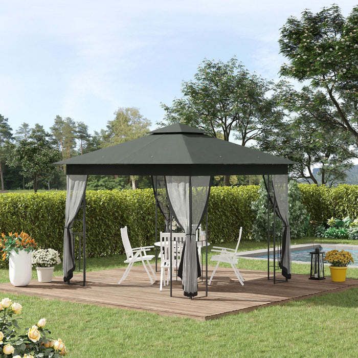 Outsunny 10' X 10' Gazebo Canopy Patio Exterieur Protection Uv Avec Rideau De Toit En Polyester A 2 Niveaux Murs Lateraux Et Structure En Acier Gris