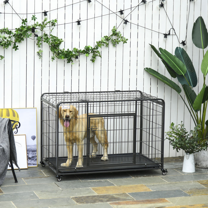 Pawhut Cage Pliable Pour Chiens De Taille Xl Avec Double Porte, Roues Verrouillables, Panneau De Separation 49\" X 30\" X 32\"