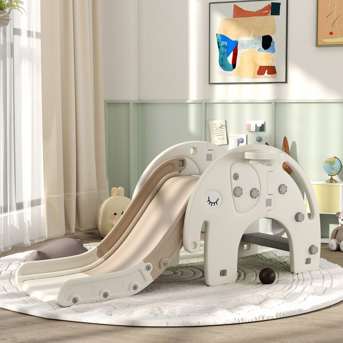 Qaba Toboggan 3 En 1 Pour Tout-petits, Toboggan Pour Enfants Avec Panier De Basket-ball0, Toboggan Interieur Sur Le Theme De L'elephant Pour Les Ages De 1 A 3 Ans, Blanc Creme00000