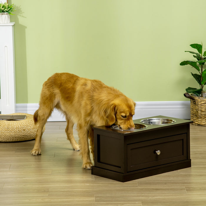 Pawhut Grandes Gamelles Surelevees Pour Chien Avec Tiroir De Rangement D'une Capacite De 11 L, Support De Gamelle Sureleve Pour Animal Domestique, Station D'alimentation Pour Chien, Marron